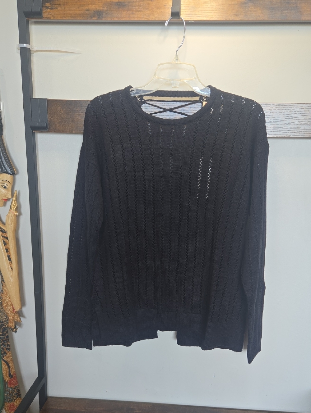 Triple Five Soul Black Open-Knit Crew Neck Sweater Vtg Criss Cross Y2K